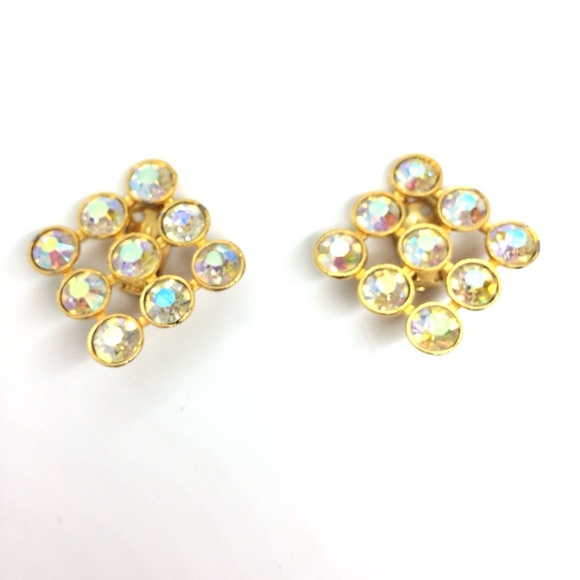 VINTAGE 80S DIAMOND SHAPE GRID LARGE PARTY AURORA BOREALIS CLIP ON EARRINGS - Picture 7 of 17
